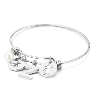 Adjustable silver steel bangle with letter Z, pearl, and boy/girl silhouette charms