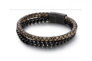 Detail view of double-layer leather and steel chain bracelet with sizing measurements