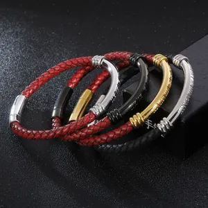 Bracelet tressé en cuir avec fermoir en acier inoxydable et chiffres romains pour homme