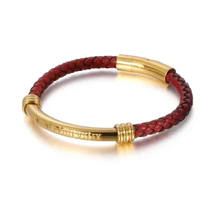 Bracelet En Cuir Tressé Avec Plaque Gravée De Chiffres Romains En Acier Inoxydable Fermoir Magnétique Bijoux Homme