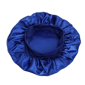 Detailed top view of blue satin sleep cap with soft elastic wide band for hair care