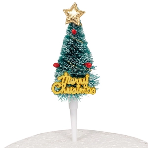 Miniature flocked Christmas tree cake topper with Merry Christmas sign and golden star