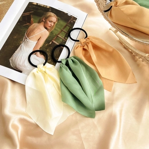 Elastic silk ribbon hair scrunchies in cream, dusty green and mustard yellow colors