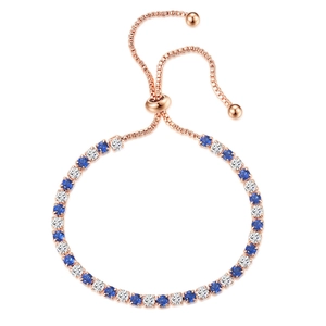 Rose gold bolo bracelet with square blue and white cubic zirconia crystals