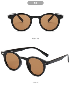 Front and 45-degree side views of retro round black sunglasses with amber lenses