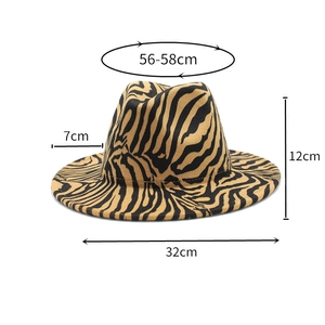 Detailed dimensions of the zebra print fedora hat showing 7cm brim and 56-58cm circumference