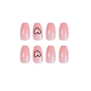 Short ballet heart press-on nails in nude pink with polished finish and black heart design