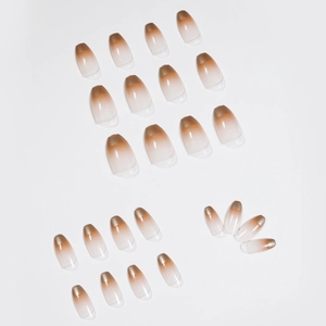 Brown gradient French press-on nails in ballerina shape with metallic coffee gold tips