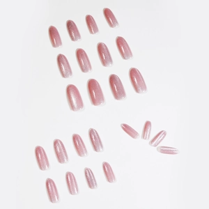 Pink cat eye press-on nail kit with elegant oval shape and soft translucent finish