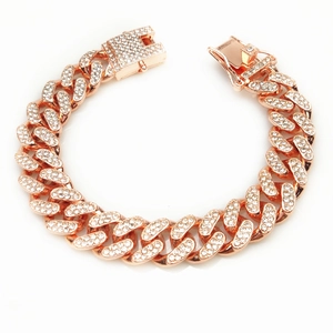 Close-up of 13mm rose gold Cuban link bracelet with iced out micro-pave rhinestones