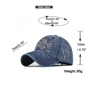 Detailed size chart for vintage washed denim baseball cap with New York embroidery