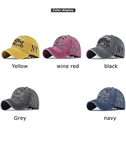 Detailed view of NY baseball cap color options including navy, grey, and wine red