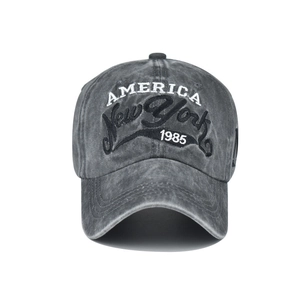 Distressed dark grey washed cotton baseball cap featuring vintage 3D NY embroidery