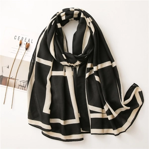 Women Large Geometric Scarf Shawl Polyester Cotton Feel Letter Print Beach Vacation Sunshade Wrap Lightweight Elegant