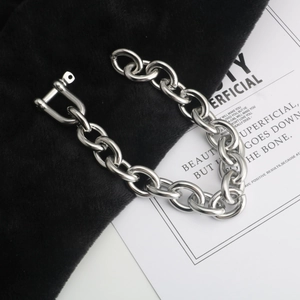 Detailed macro view of silver steel chain bracelet with chunky U-shaped horseshoe clasp