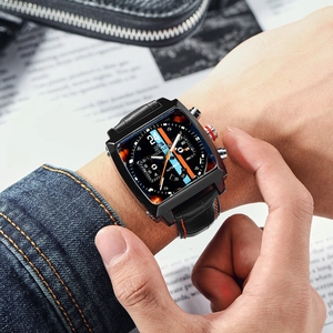Square automatic mechanical watch with black leather strap and orange stitching on wrist
