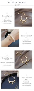 Macro detail of gold-plated baroque pearl bracelet with zircon bear and heart charms