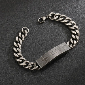 Men's vintage titanium steel chain bracelet with a Pray cross engraved metal plate
