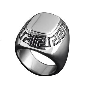 Men Signet Ring Stainless Steel Greek Key Meander Pattern Polished Square Surface Punk Retro Fashion Jewelry