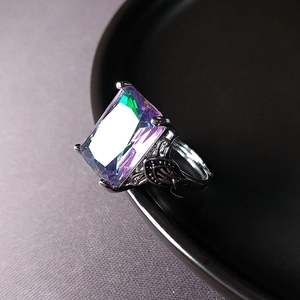 Rainbow topaz rectangular silver ring with vintage leaf carving and adjustable band
