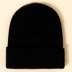 Detailed view of the ribbed texture and wide cuff on this black knit beanie cap