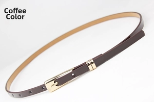 Close-up of coffee brown leather belt with gold buckle and adjustable holes