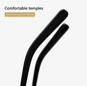 Close-up of ergonomic black glossy temples on blue light blocking glasses frame