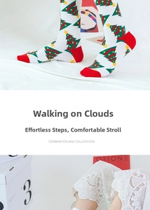 Detail of Christmas crew socks with tree patterns and white lace ankle socks for women