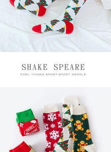 Detailed collage of festive Christmas cotton socks featuring Santa Claus and reindeer patterns