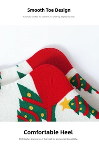 Detail of smooth toe seam and comfortable heel on Christmas themed knit socks