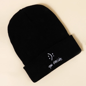 Detailed embroidery of smiling face and text you decide on black knit beanie