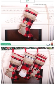 Classic red black plaid Christmas stockings with burlap reindeer and snowman applique