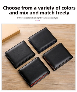 Short tri-fold men's leather wallets featuring four different colorful interior linings