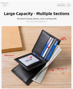 Detail of leather trifold wallet featuring 6 card slots, 2 bill layers and RFID protection