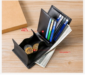 Detail of trifold leather wallet showing 5 card slots and a large coin pocket