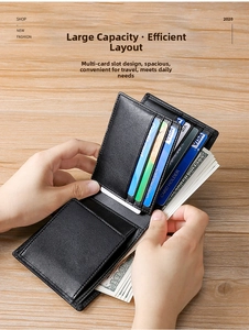 Detailed view of trifold leather wallet interior with multi-card slots and RFID protection