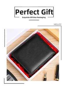 Men's trifold leather wallet in a premium white gift box with red lining and pen