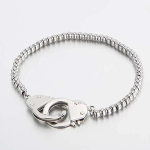 Polished silver stainless steel bead bracelet featuring unique handcuff charm pendants