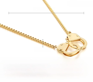 Detail view of stainless steel handcuffs necklace showing 500mm length and 4mm width