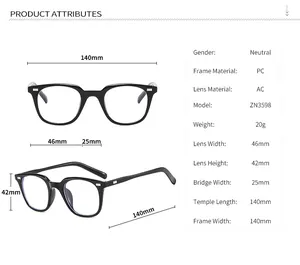 Detailed size chart for neutral PC frame blue light glasses showing 140mm frame width