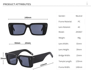 Technical drawing showing oversized square sunglasses dimensions and frame specifications