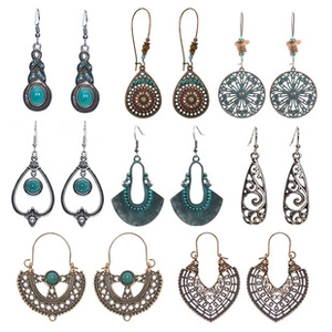 Detailed set of 8 pairs bohemian style earrings with retro bronze finish and green beads