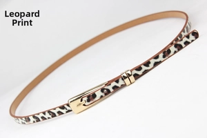 Detail of slim leopard print belt for women with elegant golden alloy buckle closure