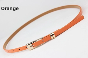 Detail of slim orange fashion belt with polished gold pin buckle and adjustment holes