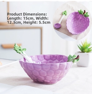 Detail view of purple grape ceramic bowl set with 15cm dimensions and leaf spoon