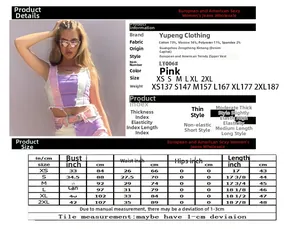 Size chart and fabric details for pink denim vest crop top with bust and length guide