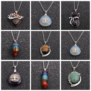 7 Chakra Healing Natural Stone Pendant Necklace Stainless Steel Chain Bohemian Ethnic Jewelry For Women Men