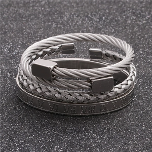 Three-piece stainless steel men's bracelet set with woven cable and Roman numeral details