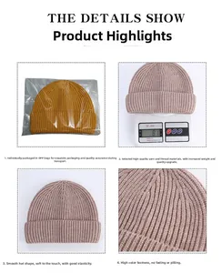 Close-up of knitted beanies showing striped texture, weight at 81g and OPP bag packaging