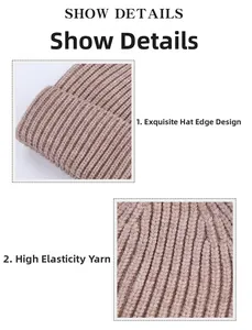 Macro view of high-elasticity brown knitted beanie showing vertical stripe texture and hem